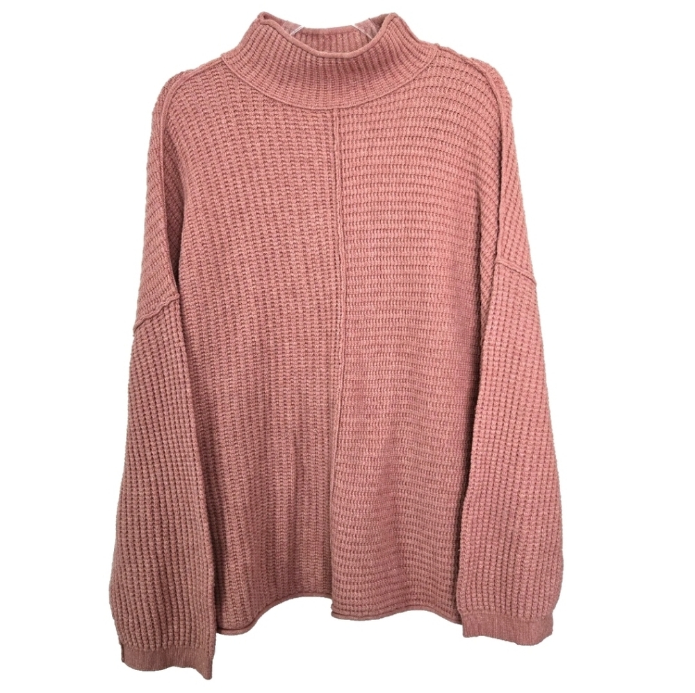 Waffle Knit Mock Neck Pink Pullover Sweater Size 3X Cozy Comfy Fall Academia